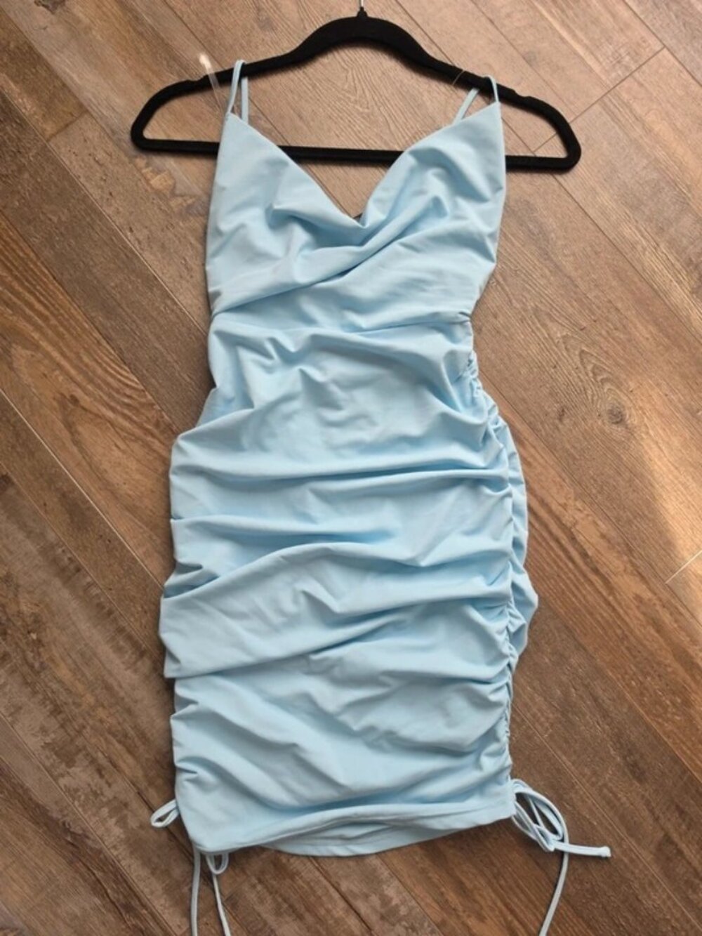 Fashion Nova robin egg blue ruched bodycon mini dress XS NWT party